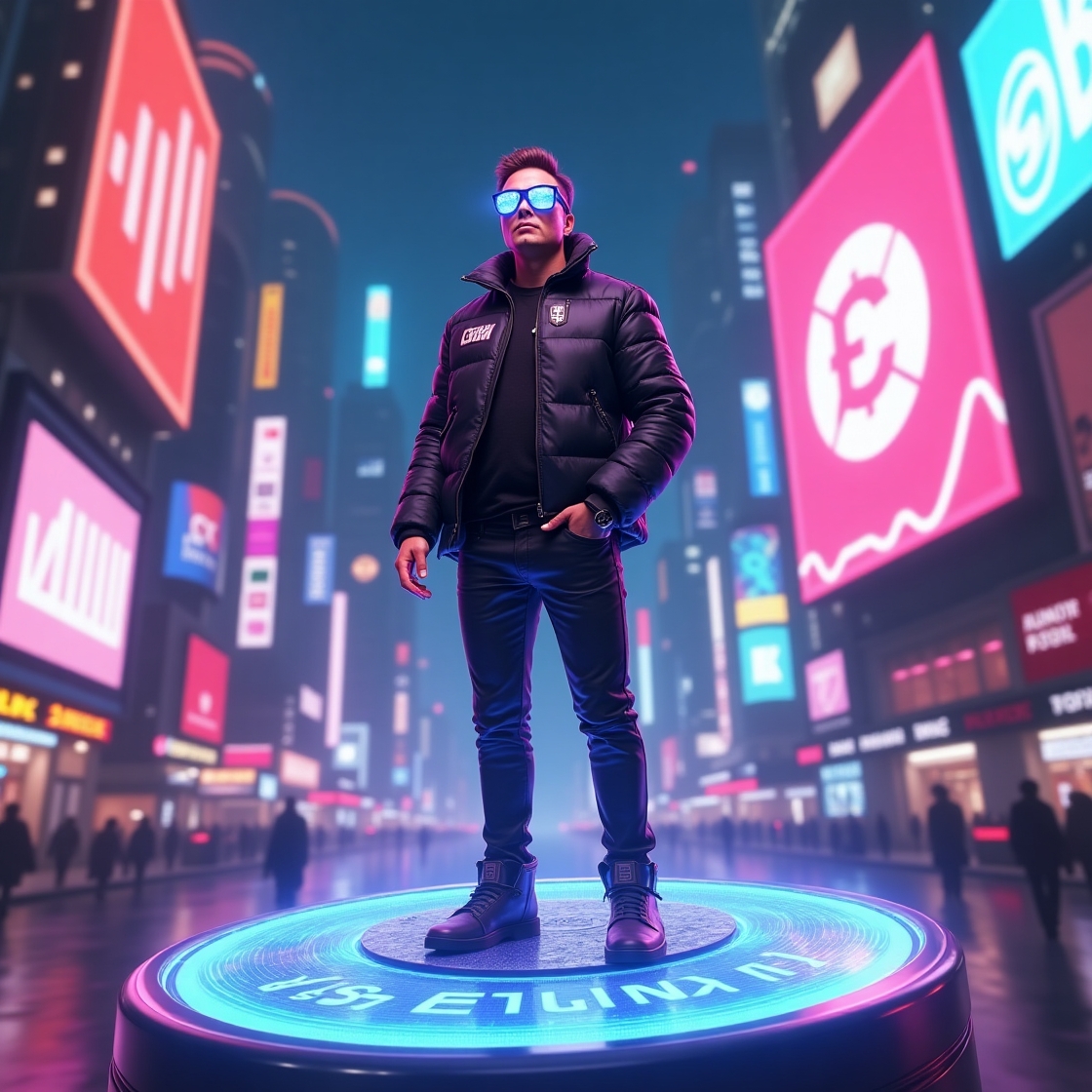 ELONINU - Cyberpunk Elon character standing on glowing platform